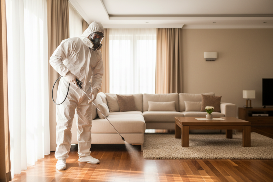 Technicien en combinaison antiparasitaire